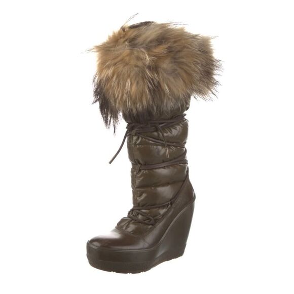 Moncler Nylon Fur Trim Lace-Up Boots - size 6US6 IT36 - Mocha Brown